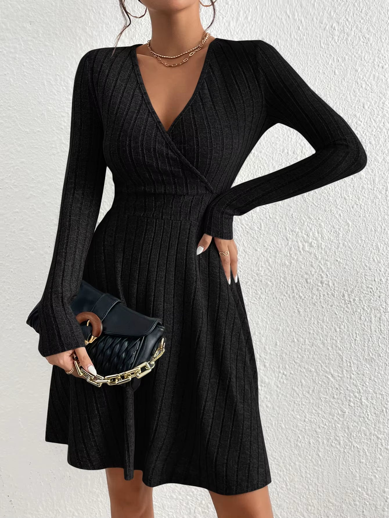 Autumn and Winter New Women'S Knitted Slim Sexy Sheath Dress Waist Slimming inside a Short Bag Hip Little Black Dress