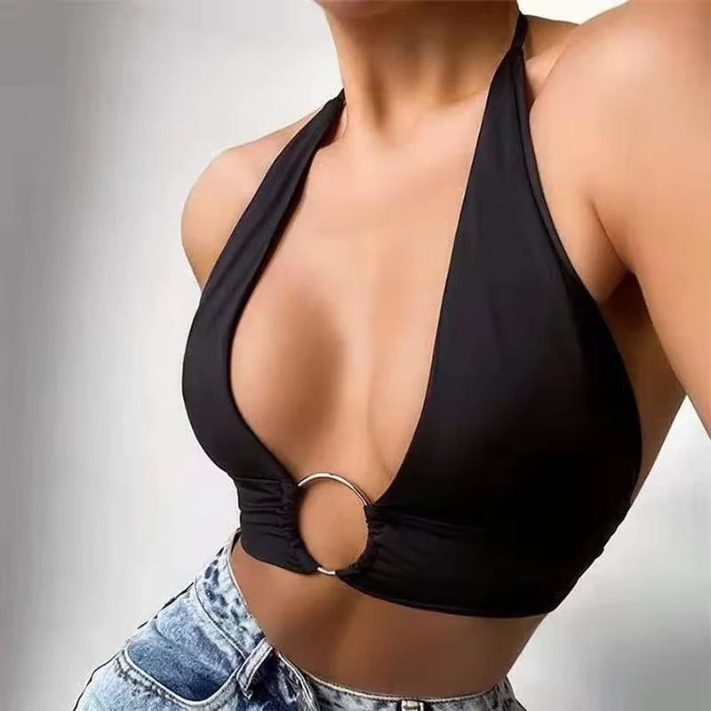 Womens Sexy Sleeveless Ring Linked Vest Halter Short Tank Tops Backless Ring Connect Slim Fit Vest Casual Style Tops Slim Tops