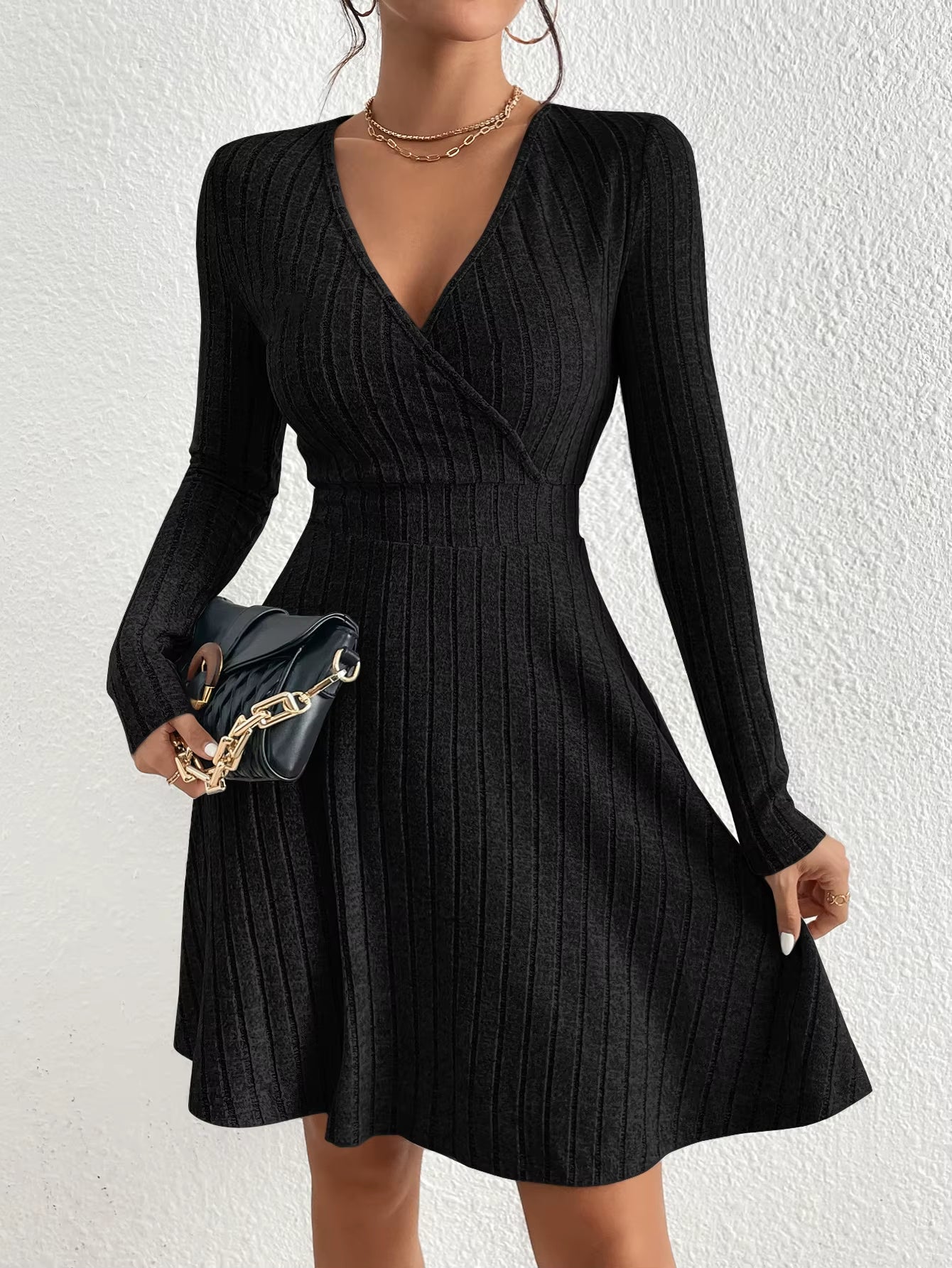 Autumn and Winter New Women'S Knitted Slim Sexy Sheath Dress Waist Slimming inside a Short Bag Hip Little Black Dress