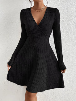 Autumn and Winter New Women'S Knitted Slim Sexy Sheath Dress Waist Slimming inside a Short Bag Hip Little Black Dress