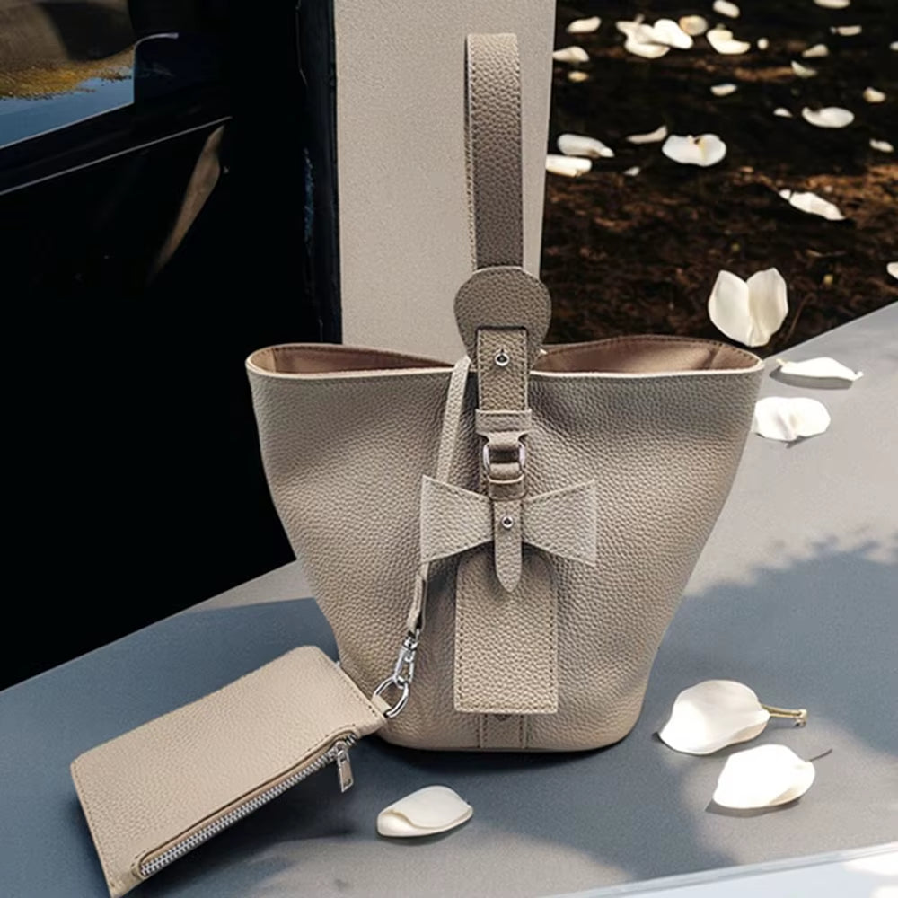 Elegant Bowknow Women Bucket Bag Custom Initials Large Capacity Female Shoulder Bag Fashion Genuine Leather Lady Square Handbag
